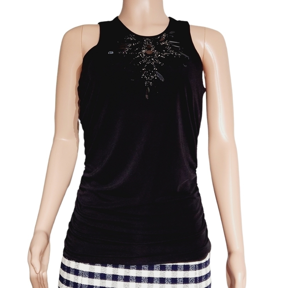 𝅺cache Woman's Sleeveless Beaded Front Blouse Built in Bra Size: S